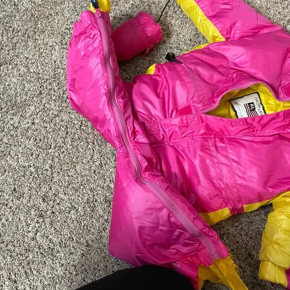 VTG Ralph Lauren Goose Down SnowSuit Bunting 12m-24m Pink & Yellow Puffer Zipper - Picture 9 of 11